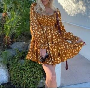 AEOM Shimmering Gold Metallic Leaf Pattern full Tier Skirting Mini Dress